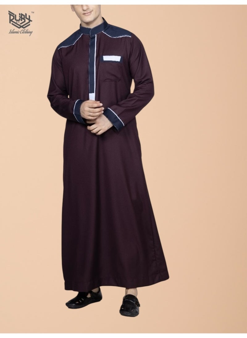 RUBY ISLAMIC CLOTHING Maroon Designer Collared Thobe – Refined Elegance Edition  Modern & Clean - Image 2